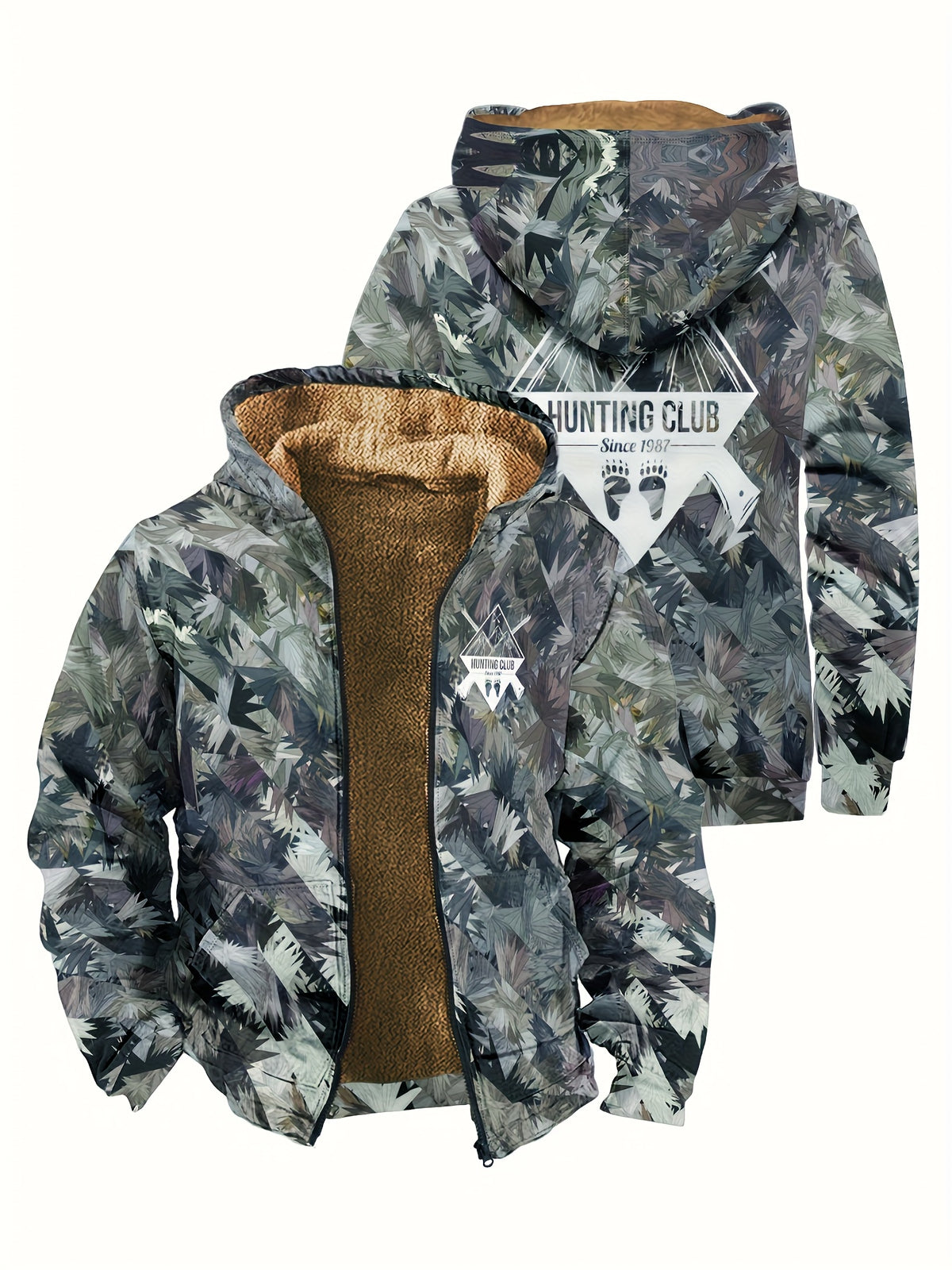 Men'S Autumn Winter Leaf Print Casual Matching Fleece Lined Zip-Up sweatshirt, Hunting