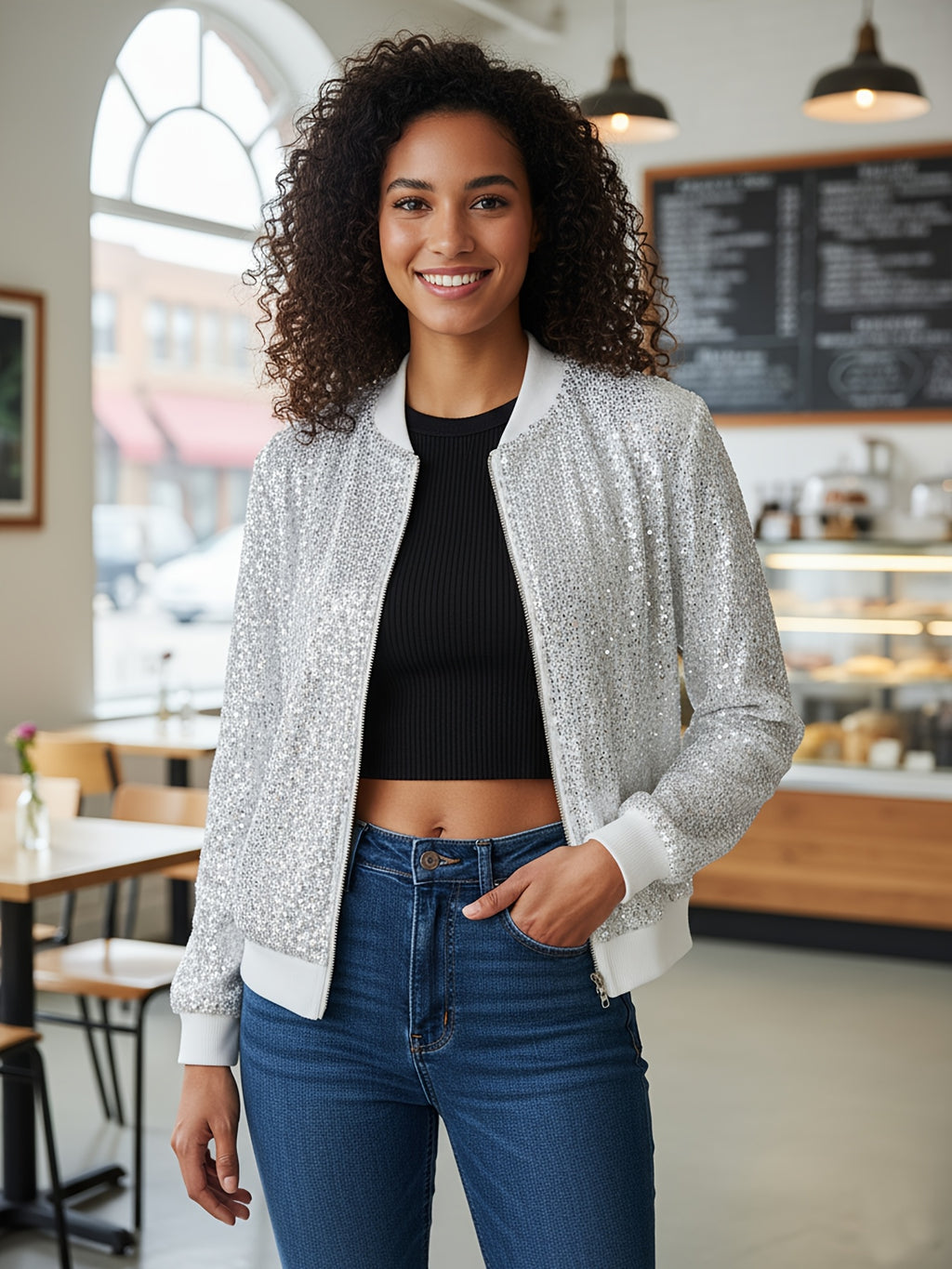 Elegant Sequin-Adorned Jacket for Women - Chic Zip-Up Bomber Style with Baseball Collar, Long Sleeves, and Colorful Dot Pattern - Perfect for Spring/Fall, Non-Stretch Polyester Fabric