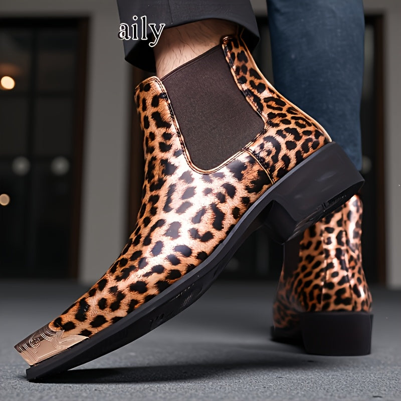 Men'S Cowboy Boots Wedge Heel Pointed Toe Leopard Print Classic Men'S Boots Chelsea Boots
