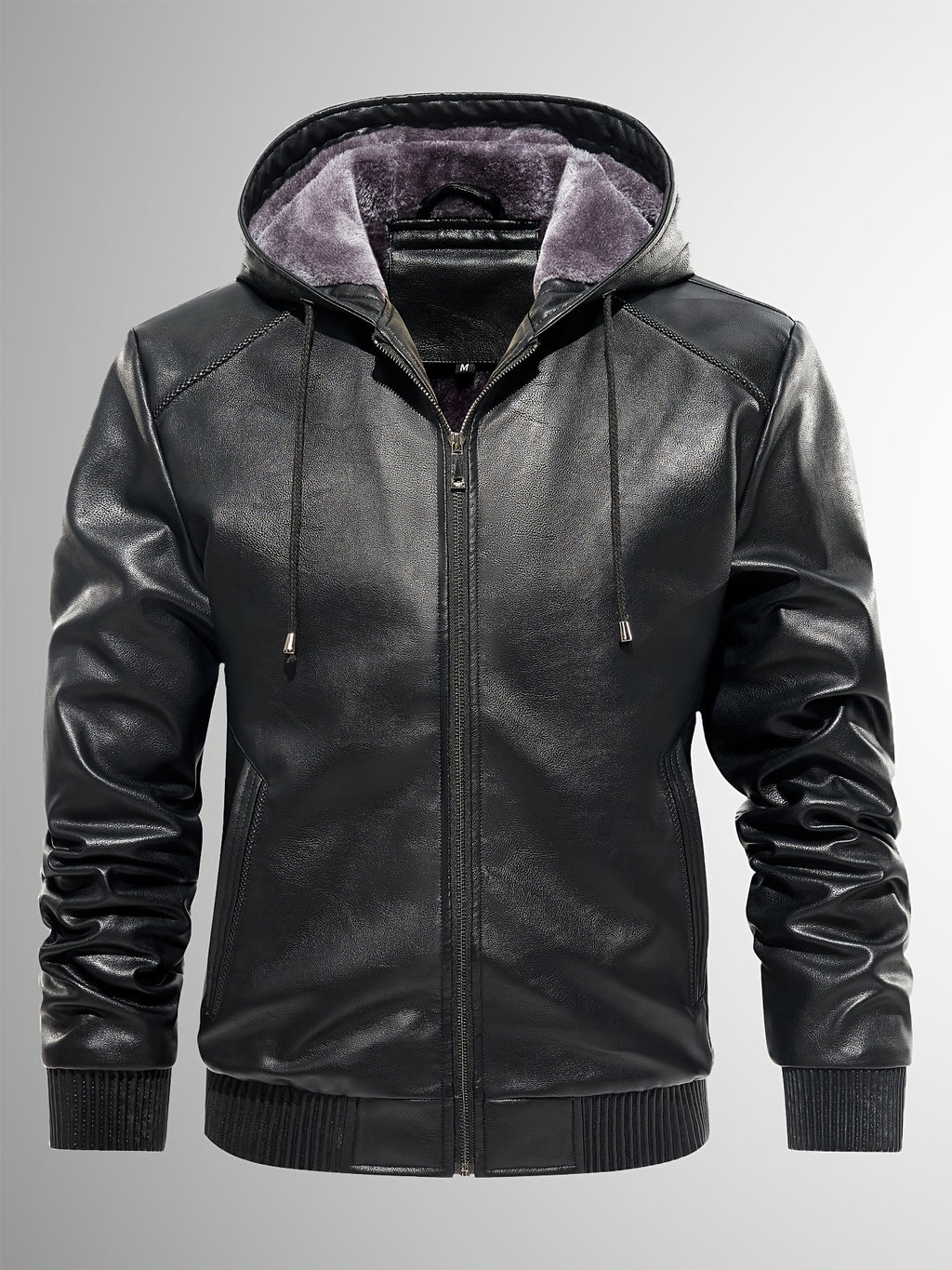 Men's Sherpa Lined PU Leather Jacket Warm Winter Hooded Motorcycle Jacket High Quality And Windproof Leather Biker Jacket Drawstring