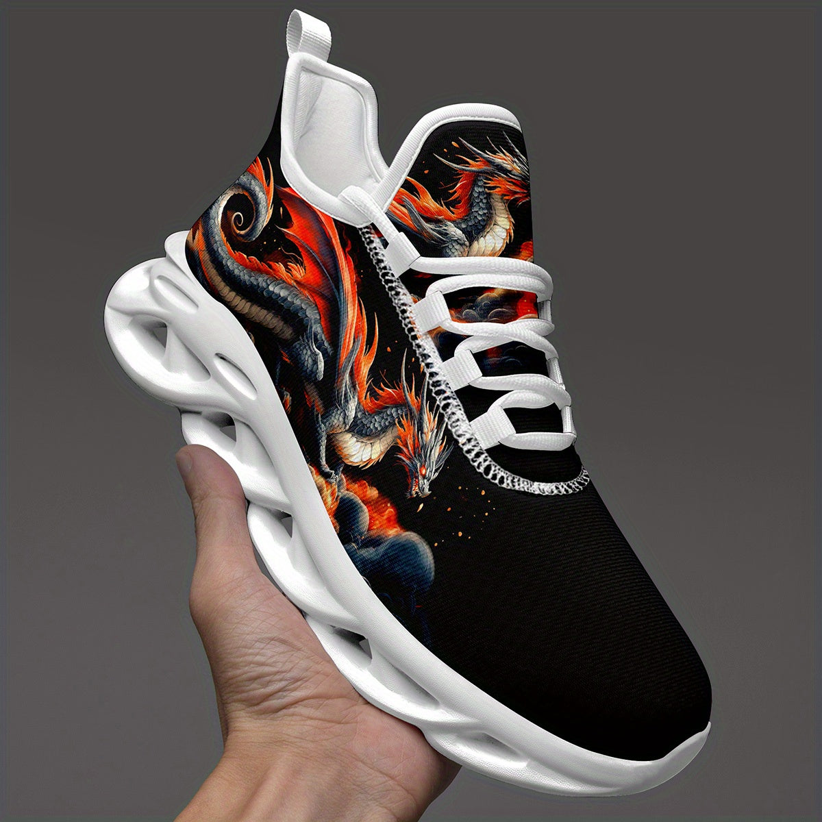 Men'S Low Top Sneakers in Plus Size, Featuring a Gothic Dragon Design, Perfect for Streetwear. These Trendy Shoes Are Comfortable Walking Trainers Suitable for Any Season