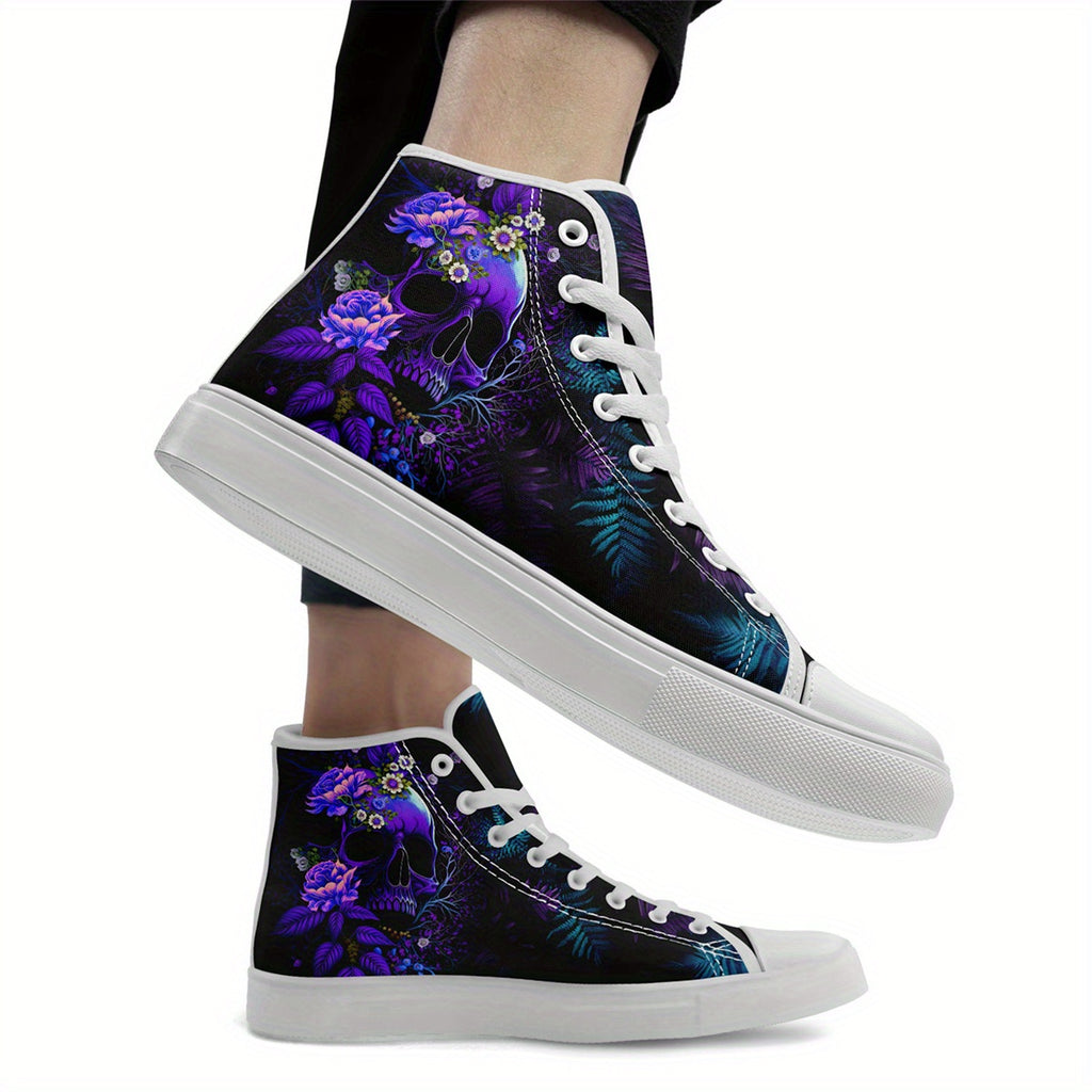 Men's Gothic High-Top Sneakers • Purple Skull Design Gothic Streetwear Shoes • Casual Fashion Lace-Up Trainers • Men's Punk Trendy Shoes