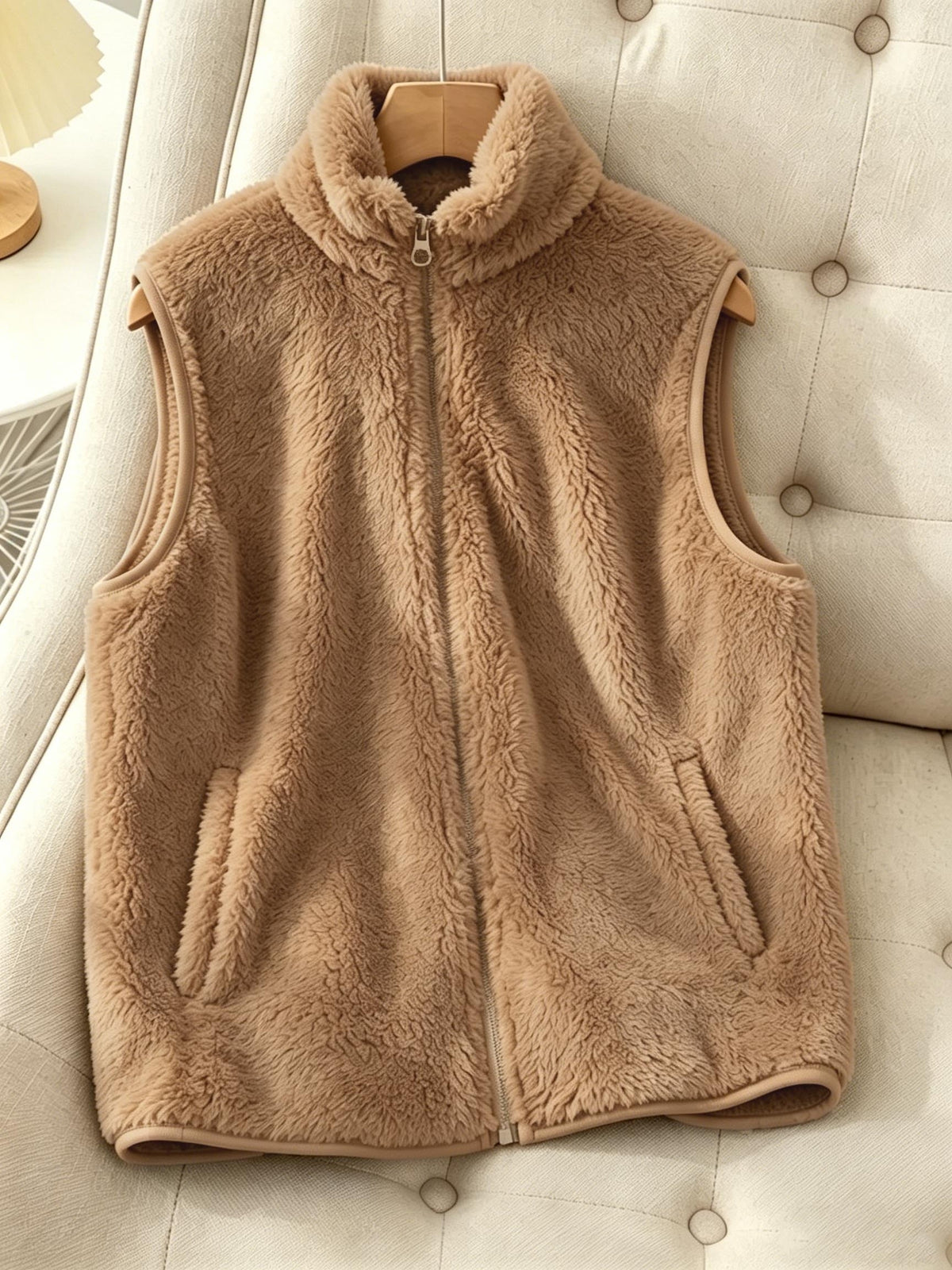 Autumn Winter New Product, Solid Color Double-Faced Fleece Vest, Women'S Casual Faux Coat, Stand Collar Zipper Design with Pockets, Winter Jacket for Comfortable Wear in Autumn And Winter