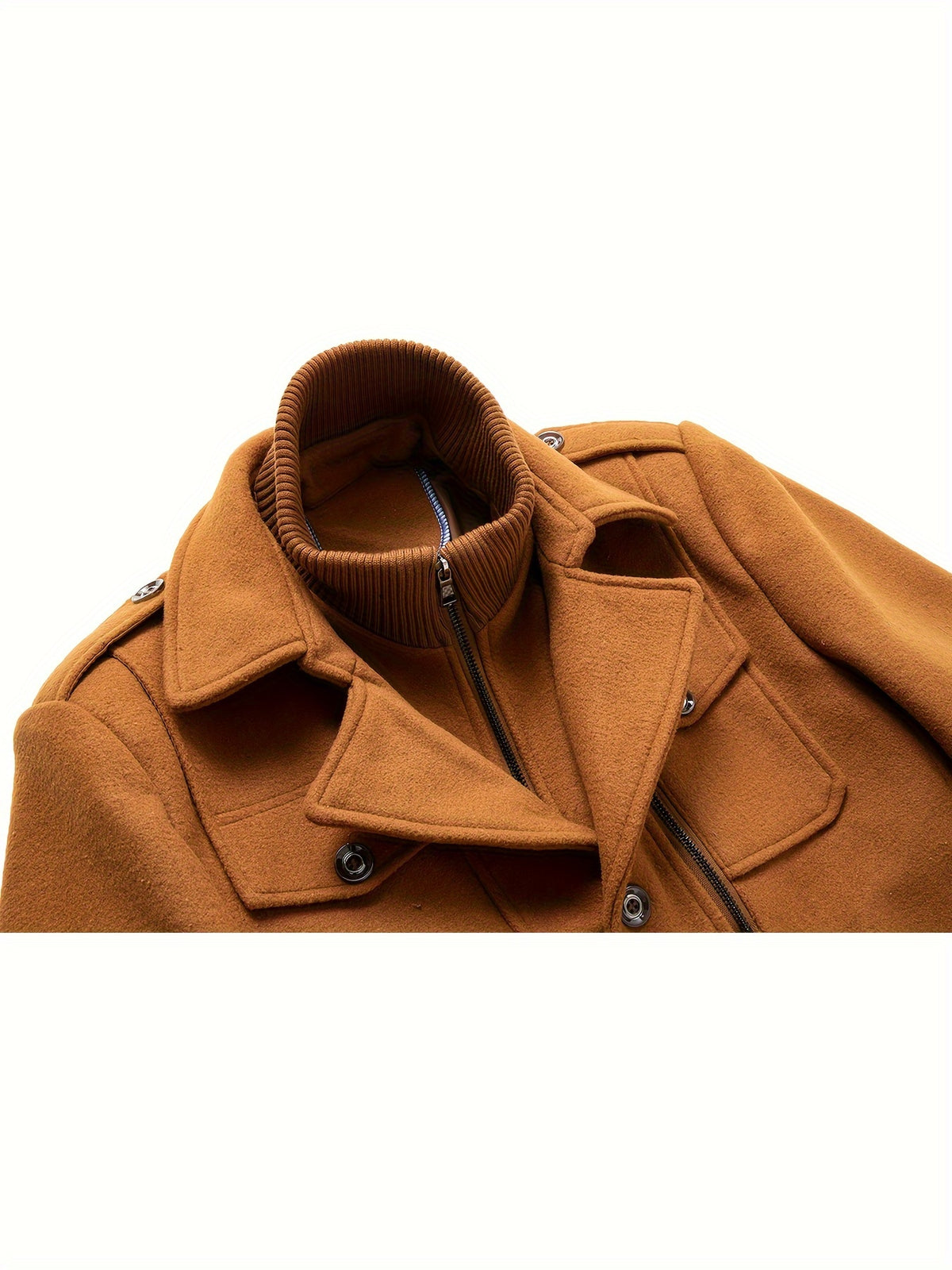 Men's Stand Collar Fleece Blend Pea Coats with Removable Inner Collar Single Breasted Overcoat