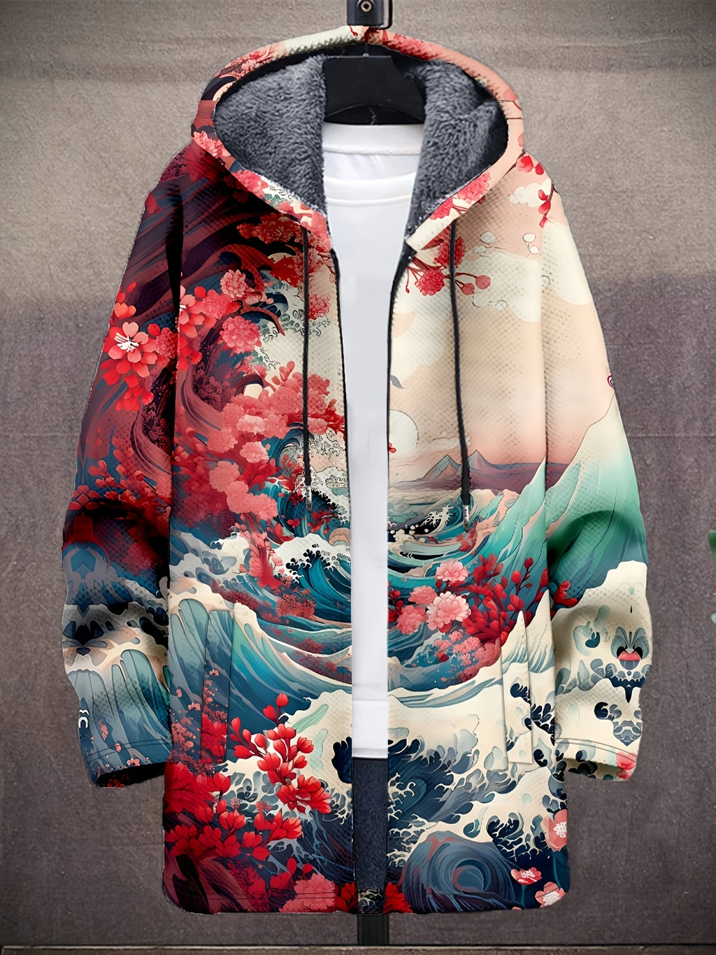 Japanese Art Wave Pattern Printed Fashion Men's Thick Winter Warm Zipper Hooded Coat