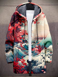 Japanese Art Wave Pattern Printed Fashion Men's Thick Winter Warm Zipper Hooded Coat