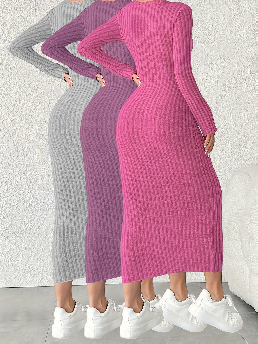 3pcs Solid Color Long Sleeve Ribbed Pullover Dress for Women