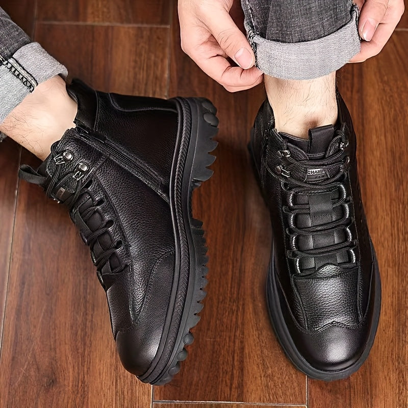Men's Genuine Leather Casual Fashion Snow Boots, High-Top Lined Warm Snow Boots for Middle-Aged and Elderly Fathers, Model 6388