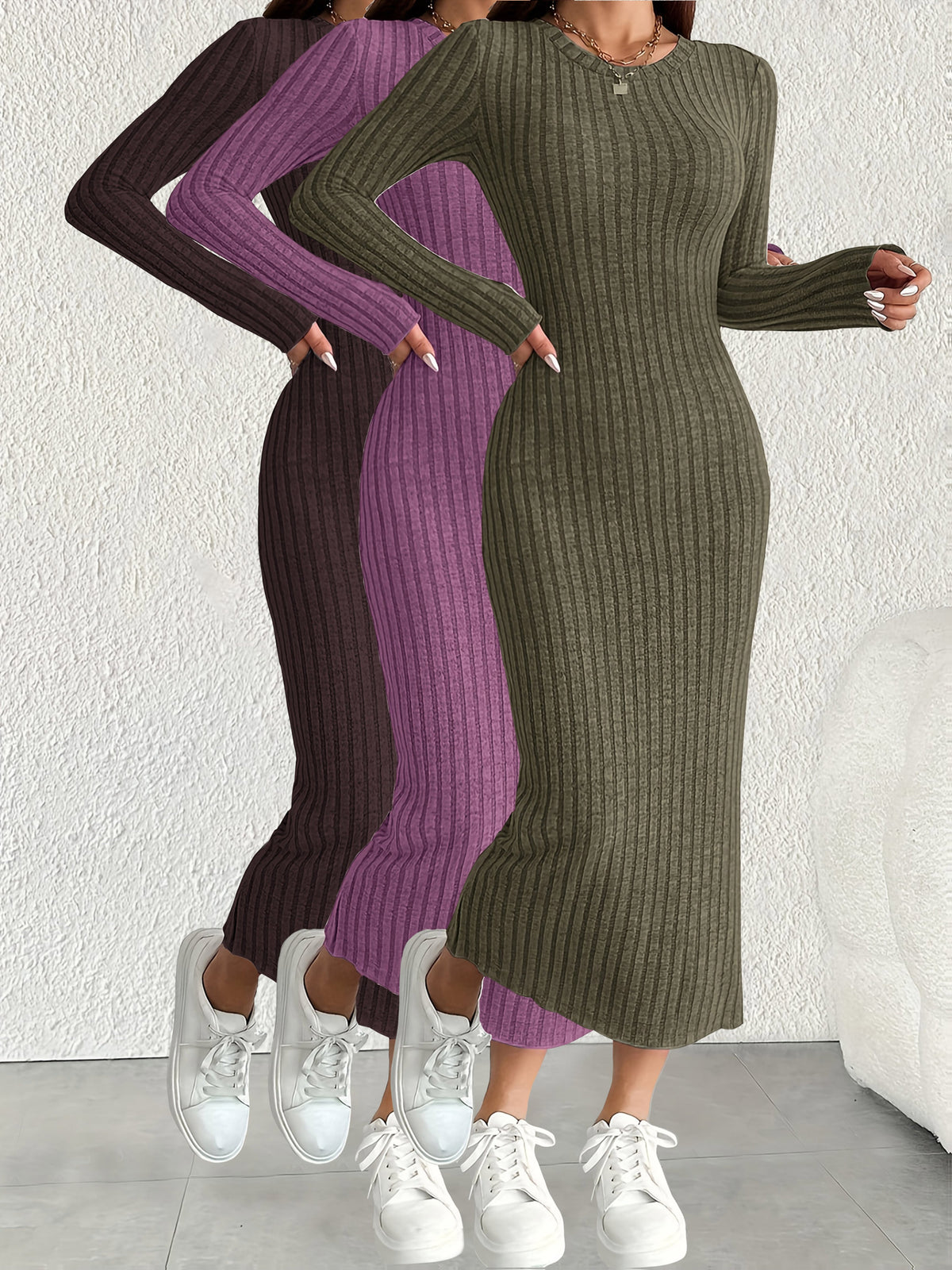3pcs Solid Color Long Sleeve Ribbed Pullover Dress for Women