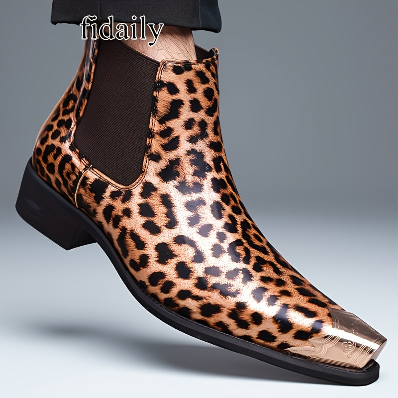 Men'S Cowboy Boots Wedge Heel Pointed Toe Leopard Print Classic Men'S Boots Chelsea Boots