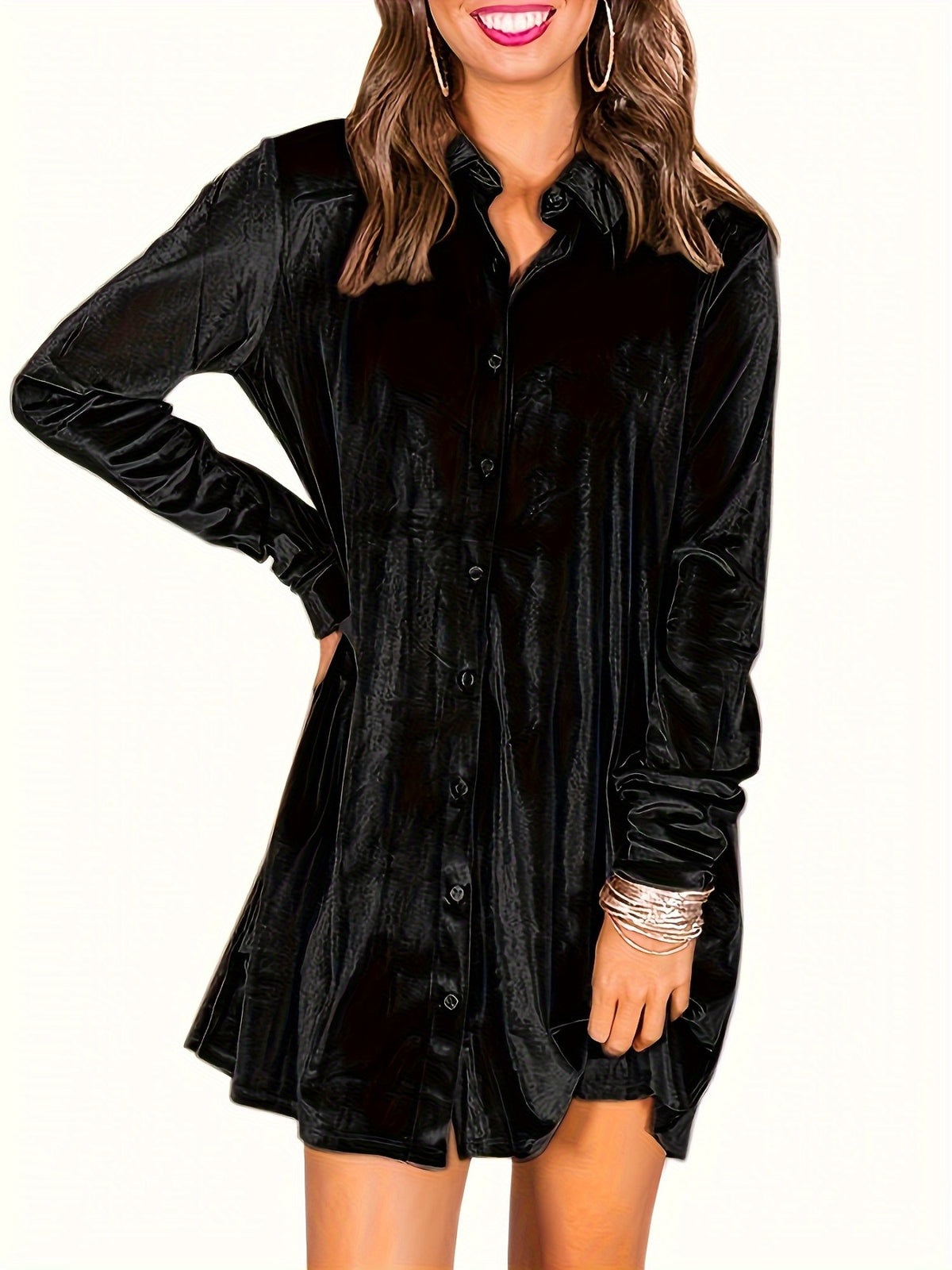 Women's Elegant Lapel Collar Button- Dress - Mini Length Long Sleeve Solid Color Tunic Top Dress Suitable for Parties, Office & Semi-Formal Events