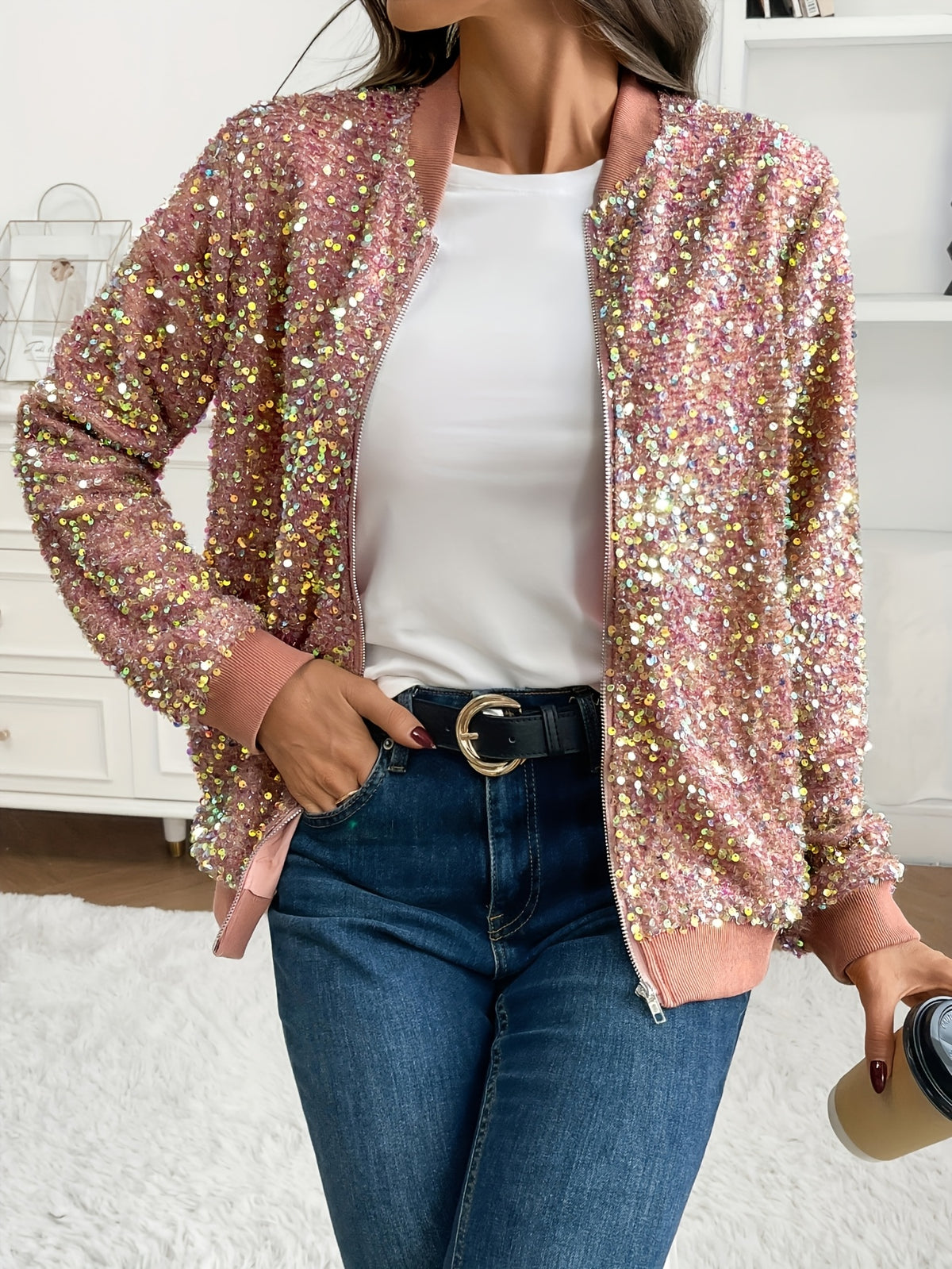 Elegant Sequin-Adorned Jacket for Women - Chic Zip-Up Bomber Style with Baseball Collar, Long Sleeves, and Colorful Dot Pattern - Perfect for Spring/Fall, Non-Stretch Polyester Fabric