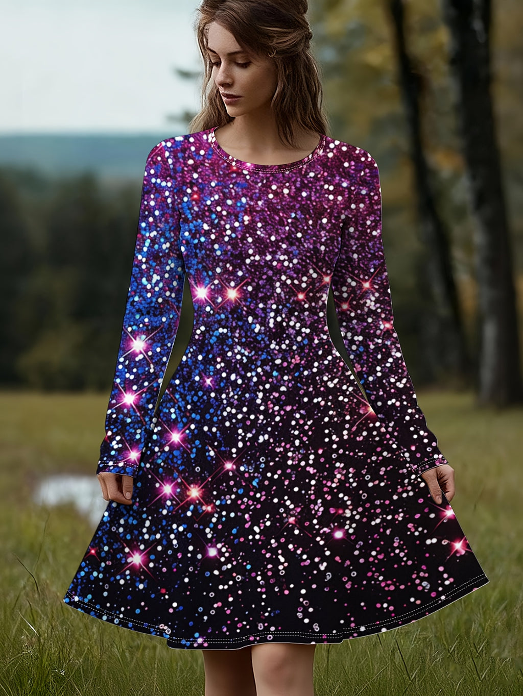 Women's Oversized A-Line Dress Compatible for Parties/Dates - Soft Stretch Round Neck Long Sleeve Midi Length Dress, Loose Fit Casual Wear, Machine Washable Spring Summer Fall Dress