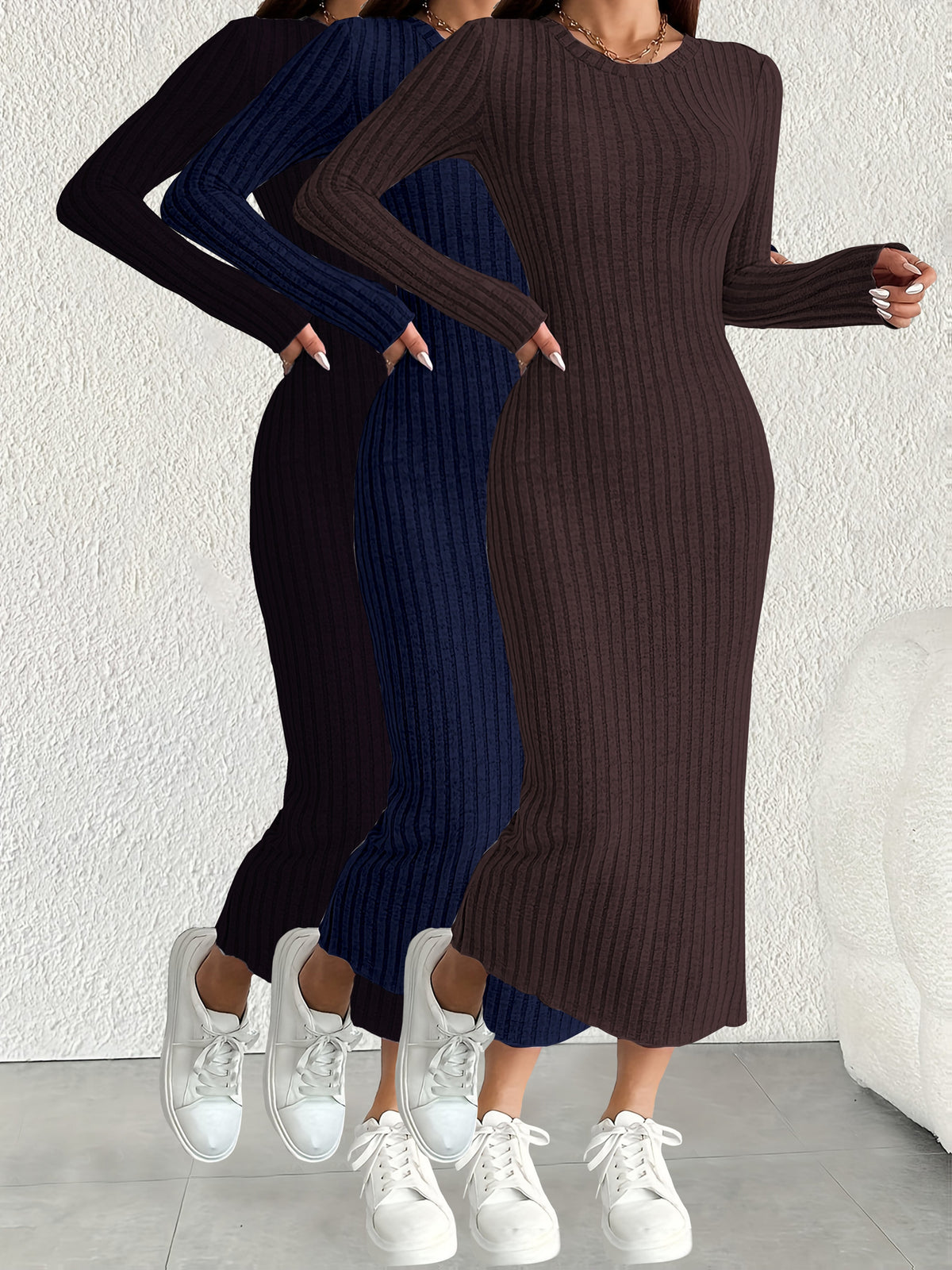 3pcs Solid Color Long Sleeve Ribbed Pullover Dress for Women