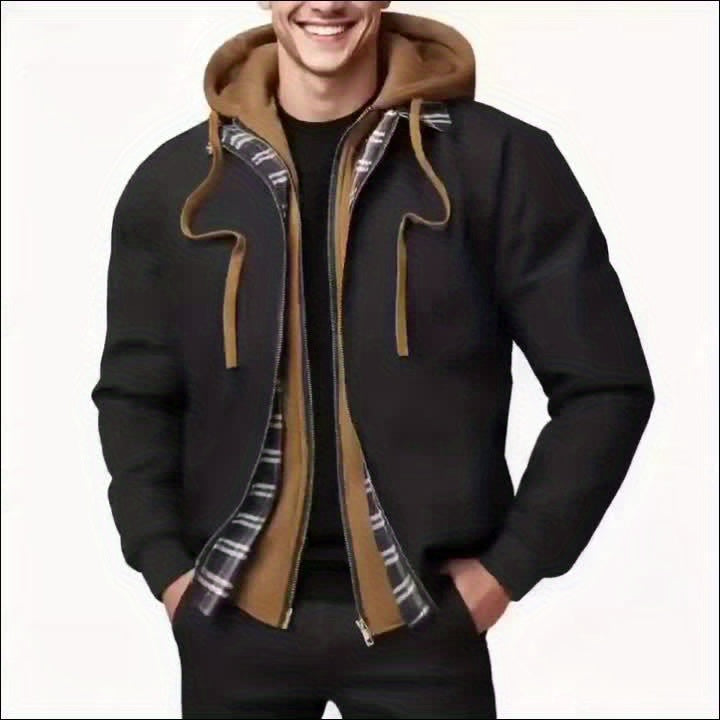 Men's plaid hooded zipper jacket - casual loose fit, brown and black plaid pattern, drawstring hat, long sleeves, polyester lining, perfect for spring, autumn and winter | autumn and winter jacket | plaid pattern jacket | zipper jacket, Outdoor