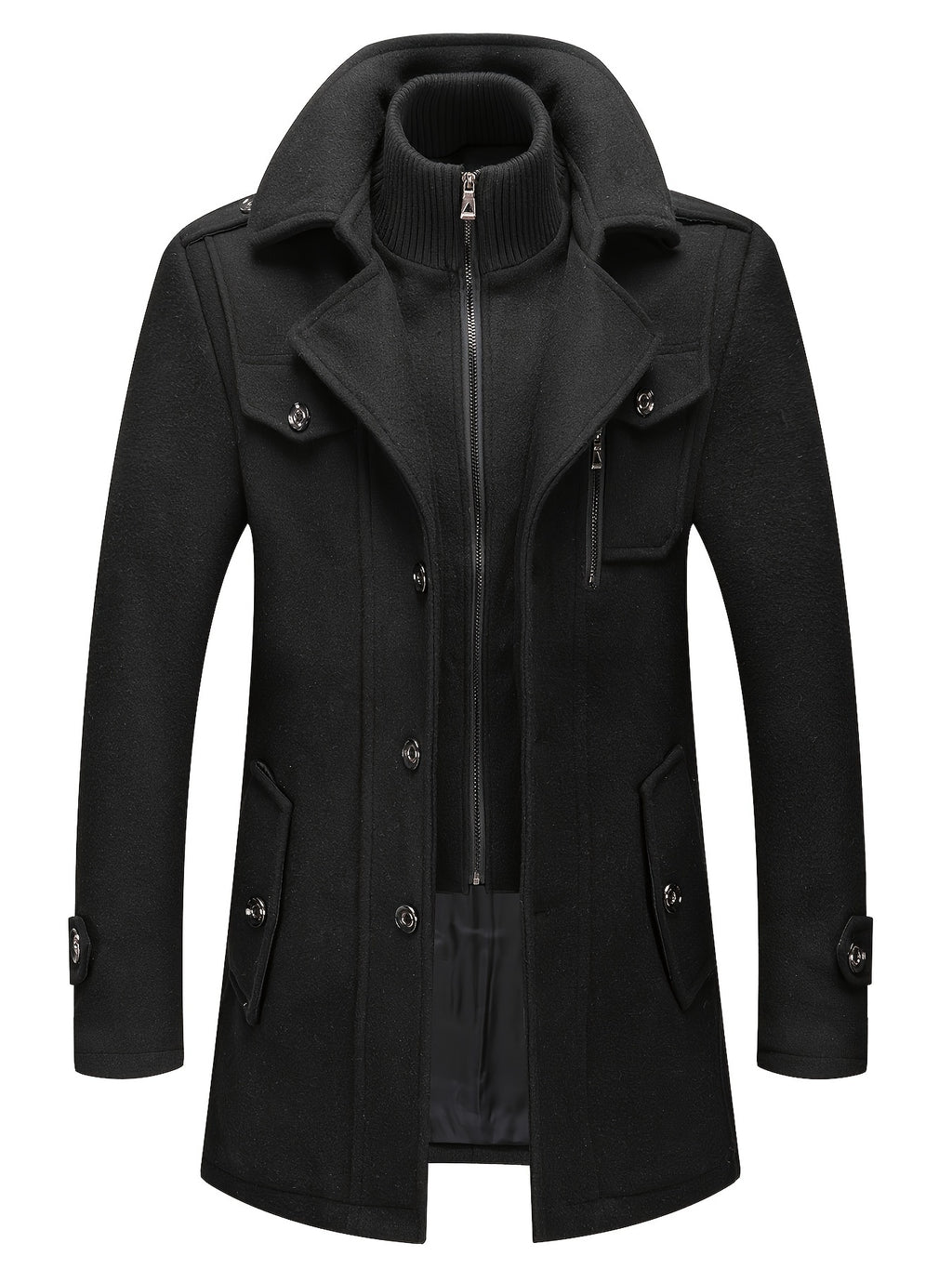 Men's Stand Collar Fleece Blend Pea Coats with Removable Inner Collar Single Breasted Overcoat