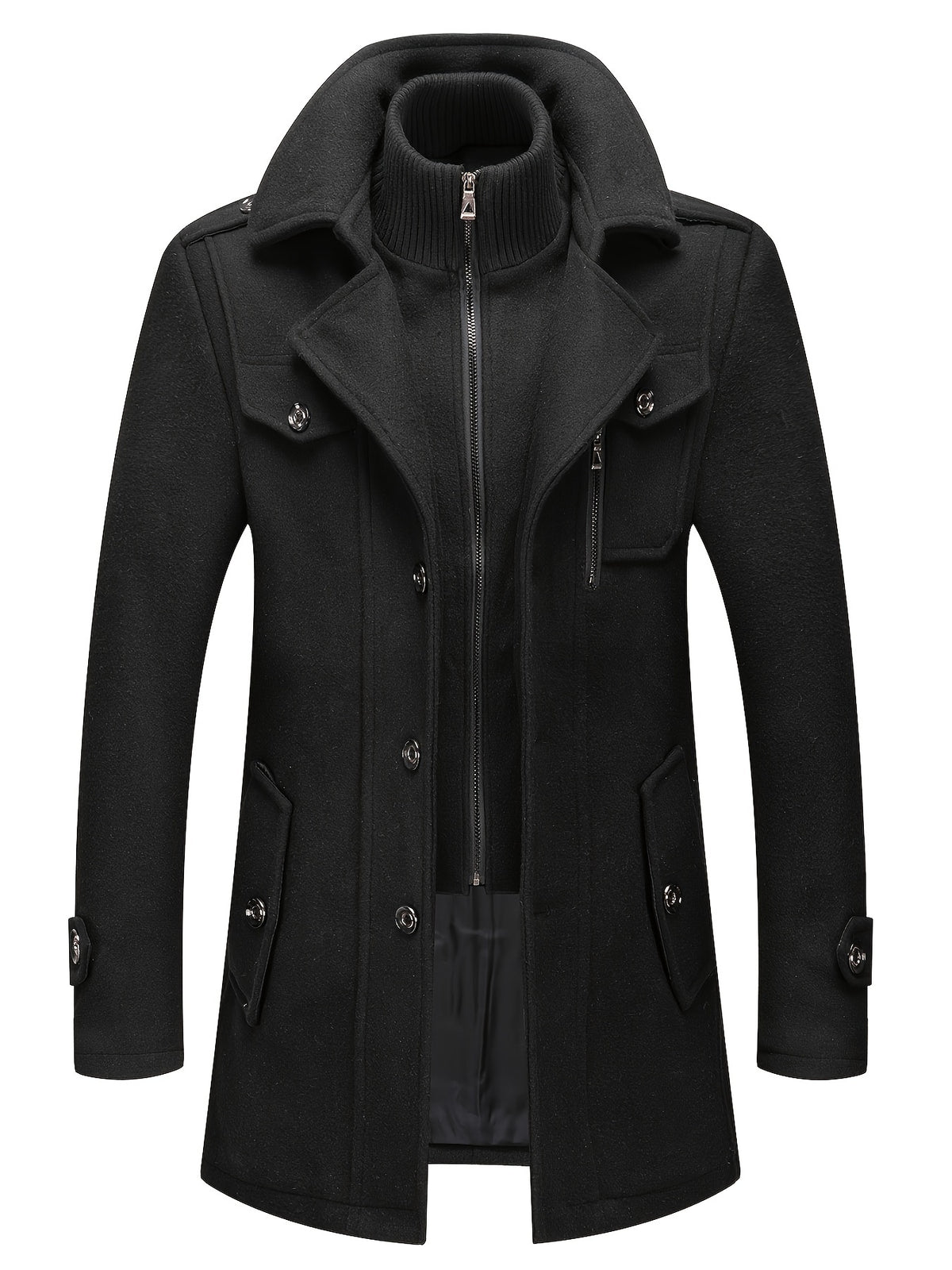 Men's Stand Collar Fleece Blend Pea Coats with Removable Inner Collar Single Breasted Overcoat