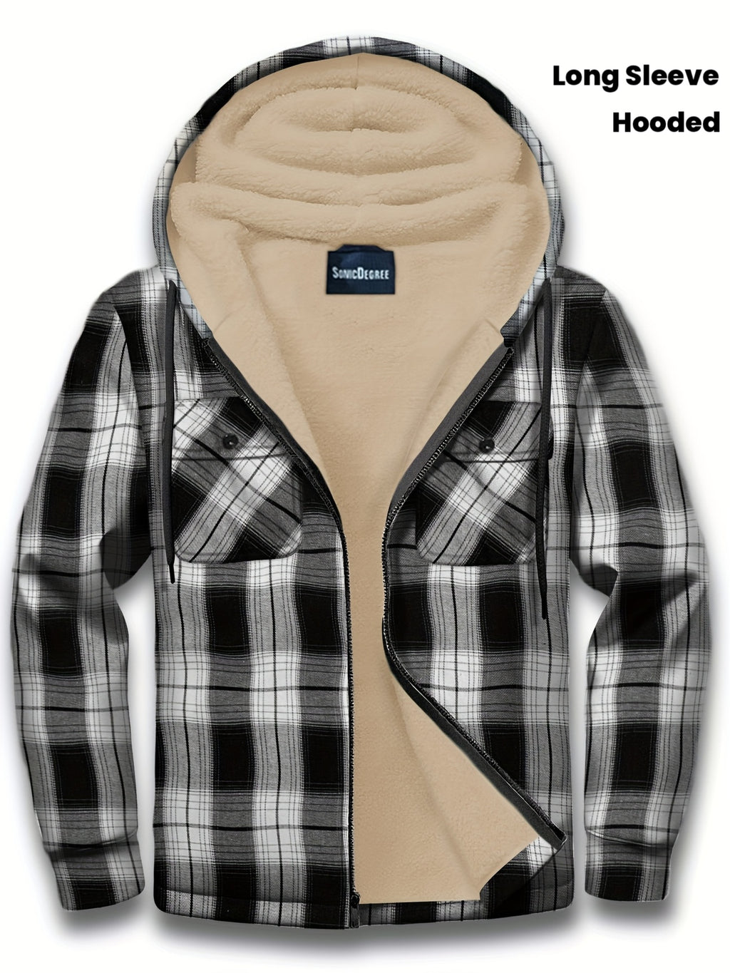 K1064# Plaid Long Sleeve Hooded Composite Fleece Men'S Jacket