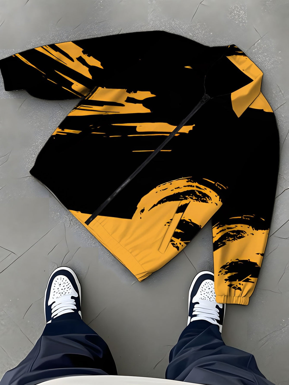 New Men's Lapel Jacket Outerwear, Trendy Brand Fashion Men's Outdoor Jacket, Loose and Comfortable Black and Yellow Color Scheme, Abstract Style, Digital Print, Regular Versatile Short Workwear Jacket for Men