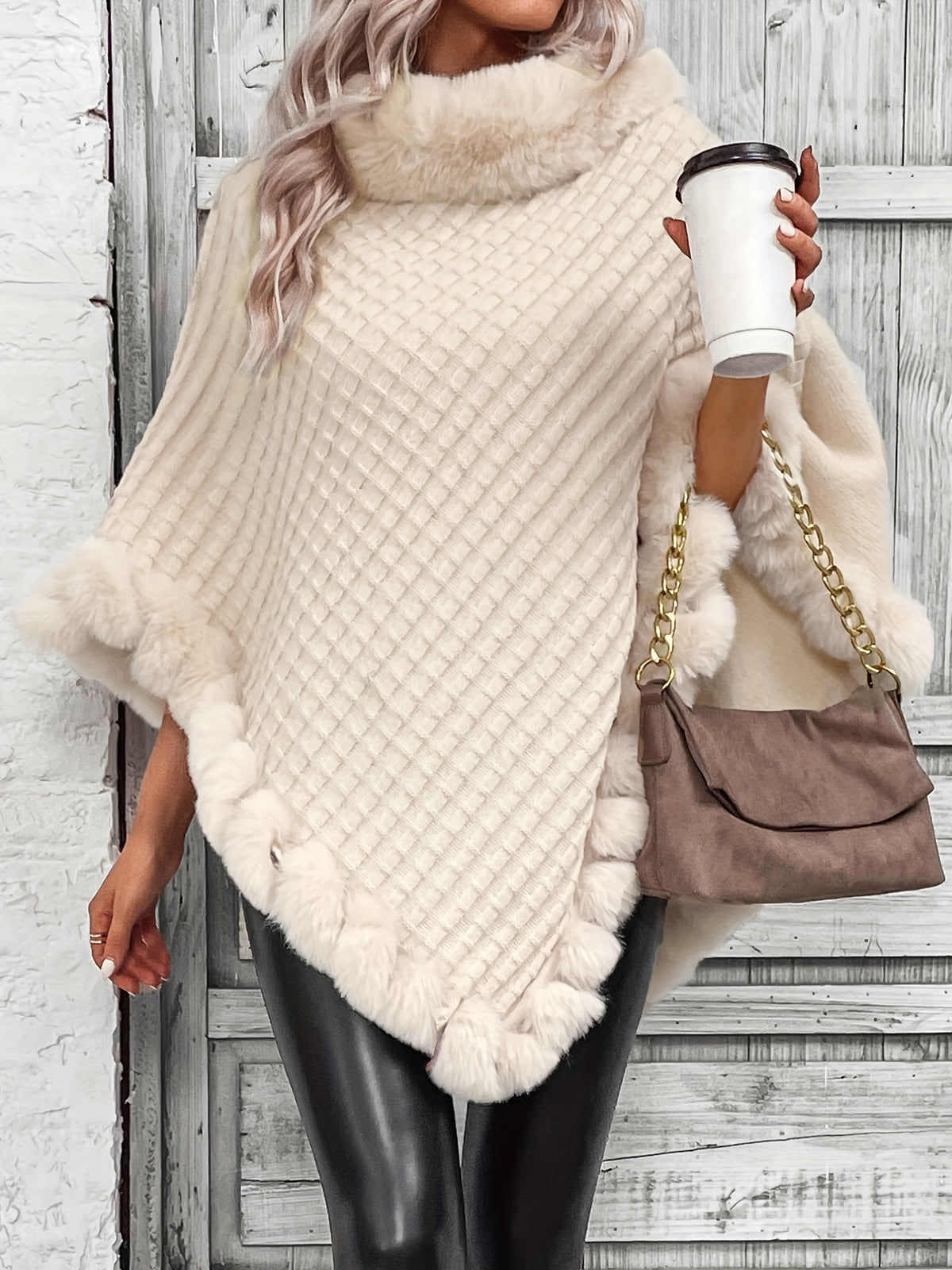 Women'S Elegant Faux Fur Collar Cape Coat - Soft Winter Coat with Plush Fur Trim, All-Season Chic Outerwear for Everyday & Formal Events