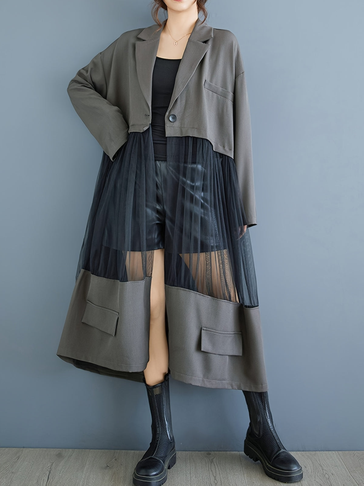 Medium-Long Stylish Spliced Suit Mesh Hollow Long-Sleeved Slim-Fit Jacket Retro Solid Color Outerwear Spliced Trench Coat