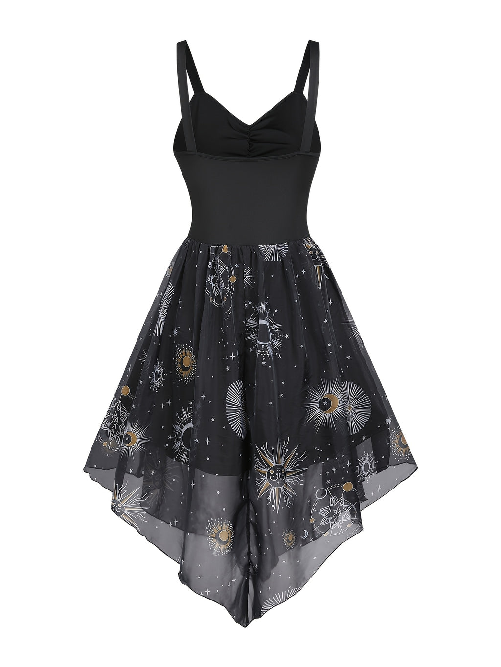 Women's Elegant Vintage Strap Day Moon Star Print Yarn Skirt Patchwork A-Line Dress