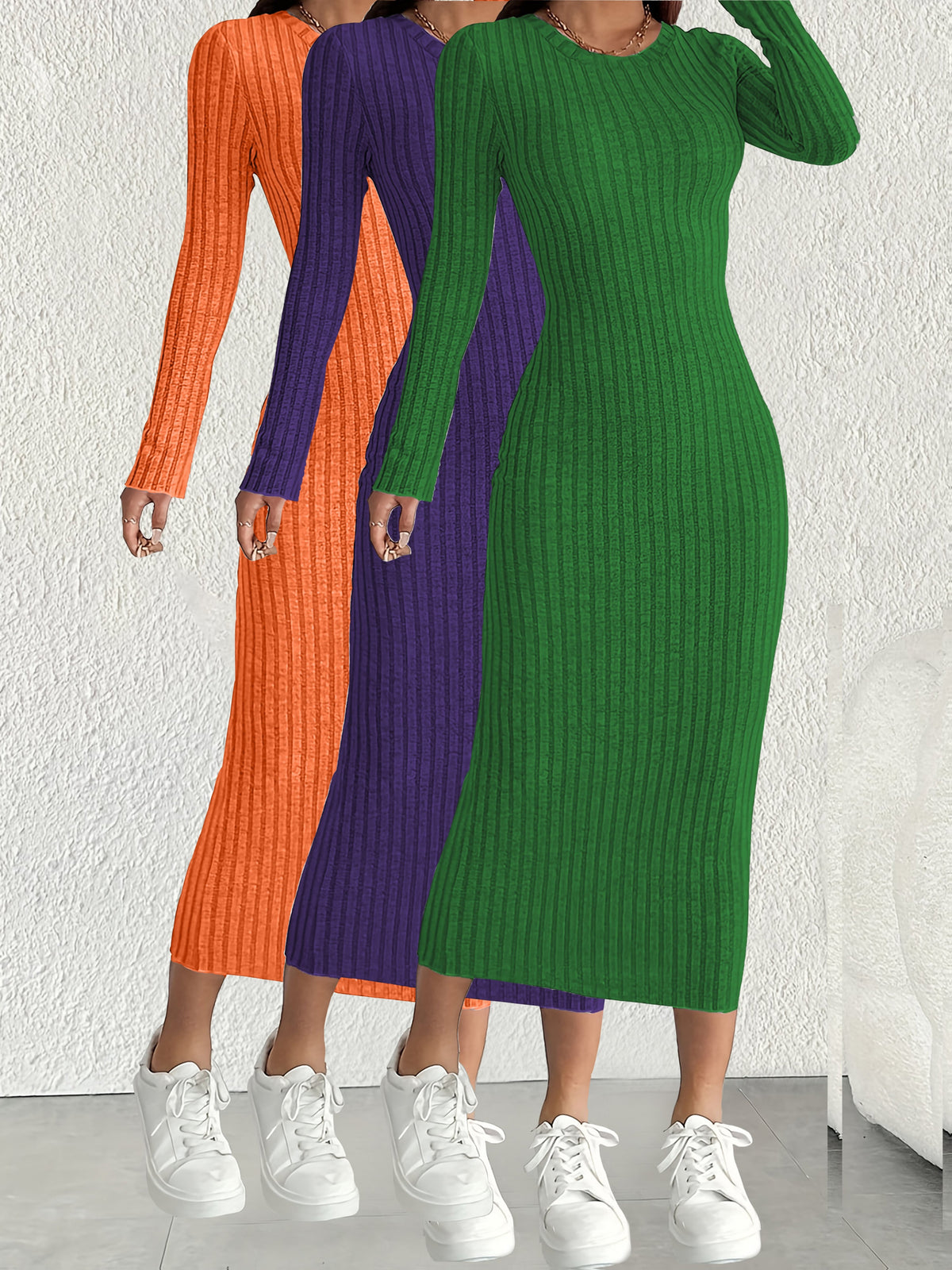 3pcs Solid Color Long Sleeve Ribbed Pullover Dress for Women