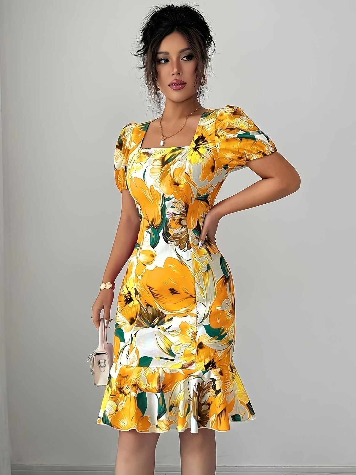 Elegant Square Neck Puff Sleeve Cinched Waist Ruffled Retro Vacation Floral Dress