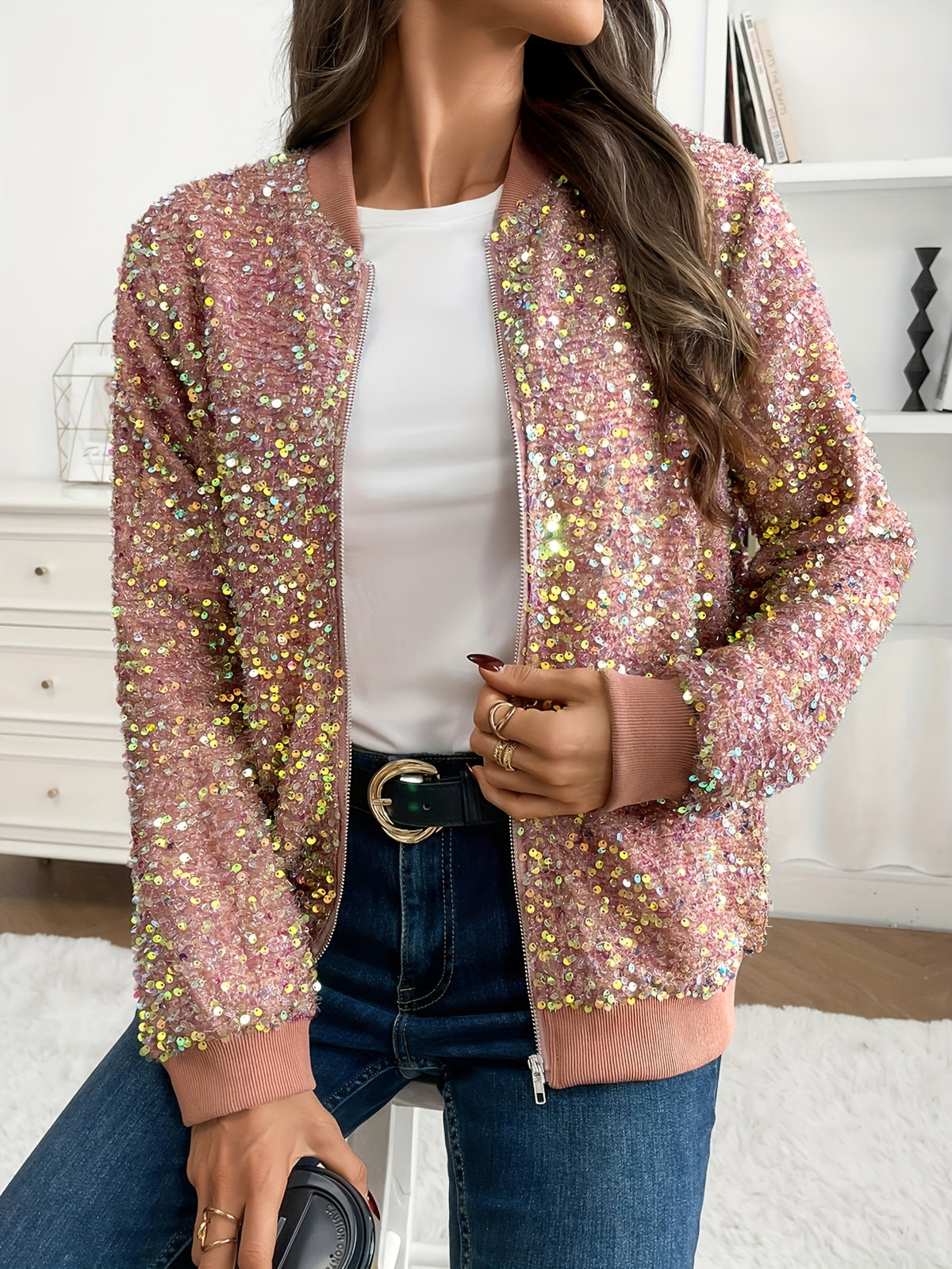 Elegant Sequin-Adorned Jacket for Women - Chic Zip-Up Bomber Style with Baseball Collar, Long Sleeves, and Colorful Dot Pattern - Perfect for Spring/Fall, Non-Stretch Polyester Fabric