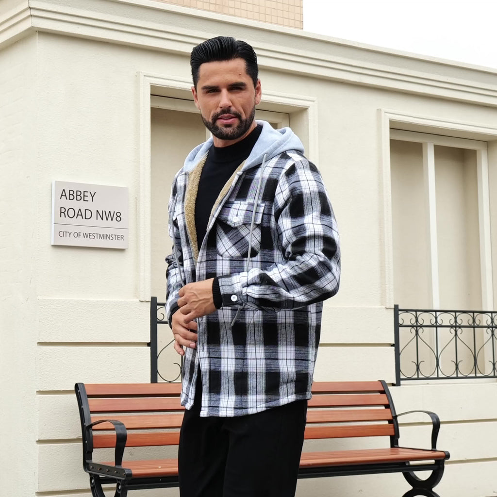 K1064# Plaid Long Sleeve Hooded Composite Fleece Men'S Jacket