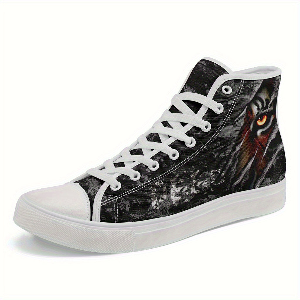 Men's Gothic Punk Sneakers - High-Top Shoes with Lace-Up Closure, Non-Slip Rubber Sole - All-Season Streetwear Footwear for Concerts, Parties, Everyday Edgy Fashion - Gothic Tiger-like Graphic Trainers, Casual Streetwear, Durable Traction Sole