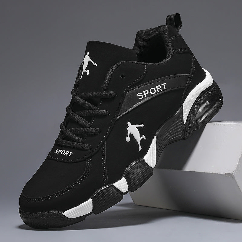 Men's Casual Sneakers, Stylish and Lightweight Road Running Shoes with Air Cushion - Featuring Breathable Mesh and PU Uppers, Geometric Design, Lace-up Closure, Available in Black and White, Specifically Designed for Outdoor Running