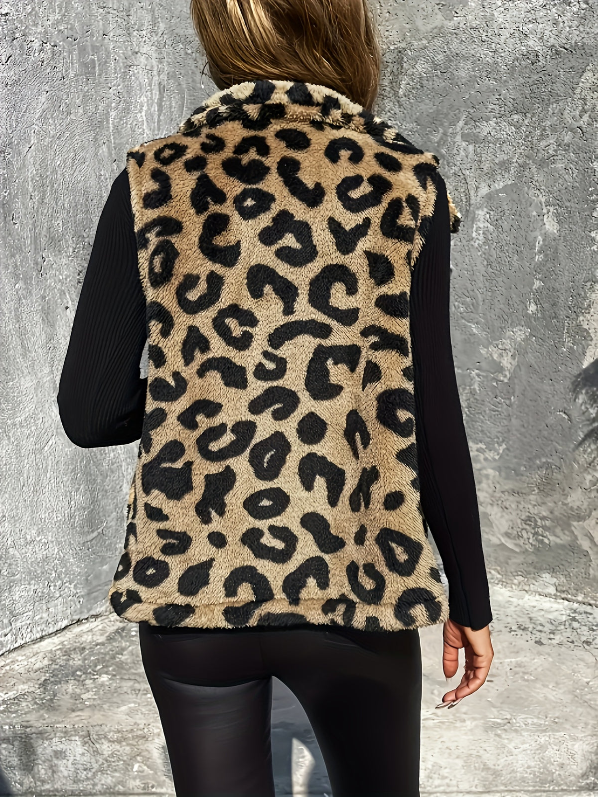 Yudomi Women's Leopard Print Teddy High Neck Sleeveless Vest