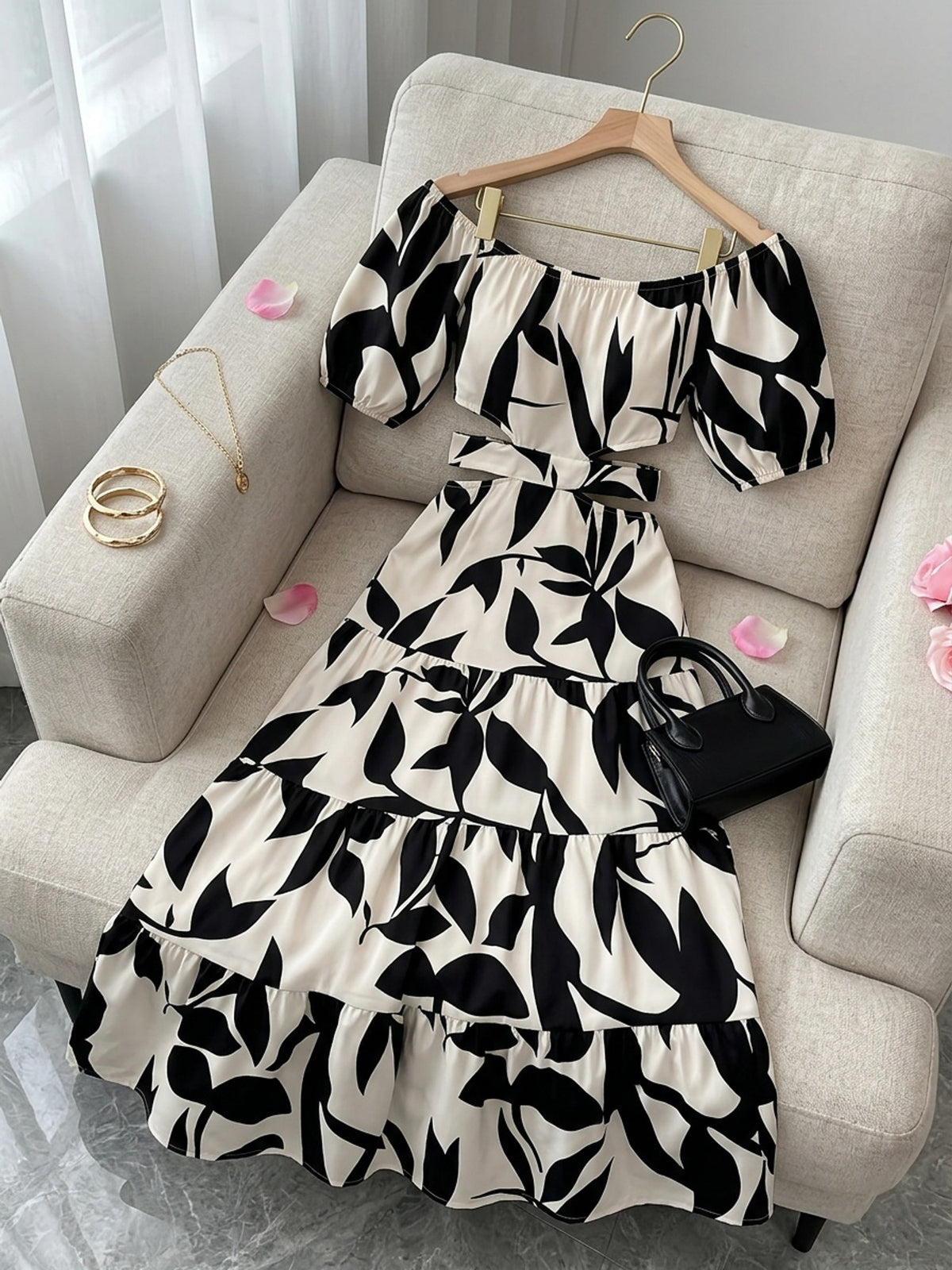 Women'S Off-Shoulder Floral Print Maxi Dress with Belt - Elegant Asymmetrical Hem, Sleeveless Vacation Dress in Black & White Floral Pattern, Lightweight Polyester for Summer Getaways, Cute Summer Dresses