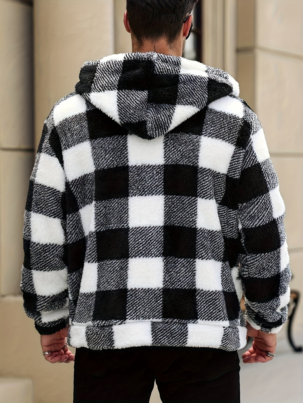 Men's Plaid Print Thermal Lined Hooded Long-Sleeve Casual Short Top, Autumn/Winter Flannel Short Top for Outings, a Gift for Friends, Husbands, or Boyfriends