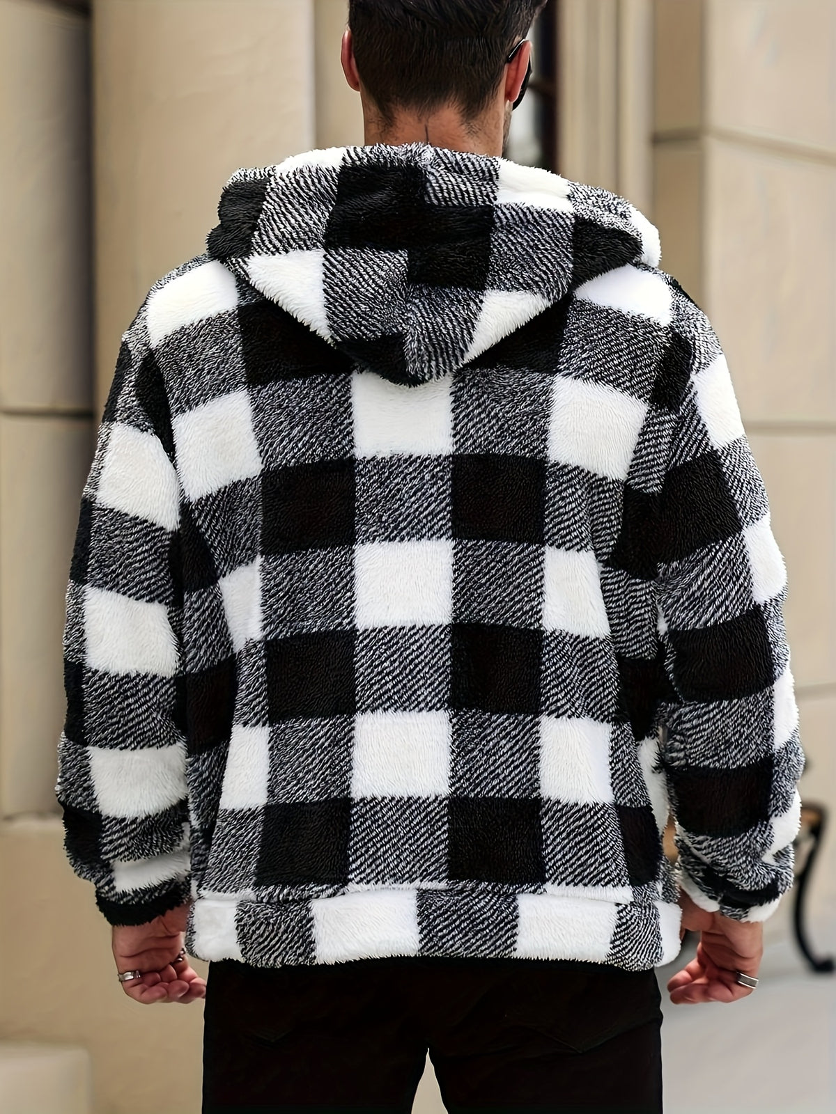 Men's Plaid Print Thermal Lined Hooded Long-Sleeve Casual Short Top, Autumn/Winter Flannel Short Top for Outings, a Gift for Friends, Husbands, or Boyfriends