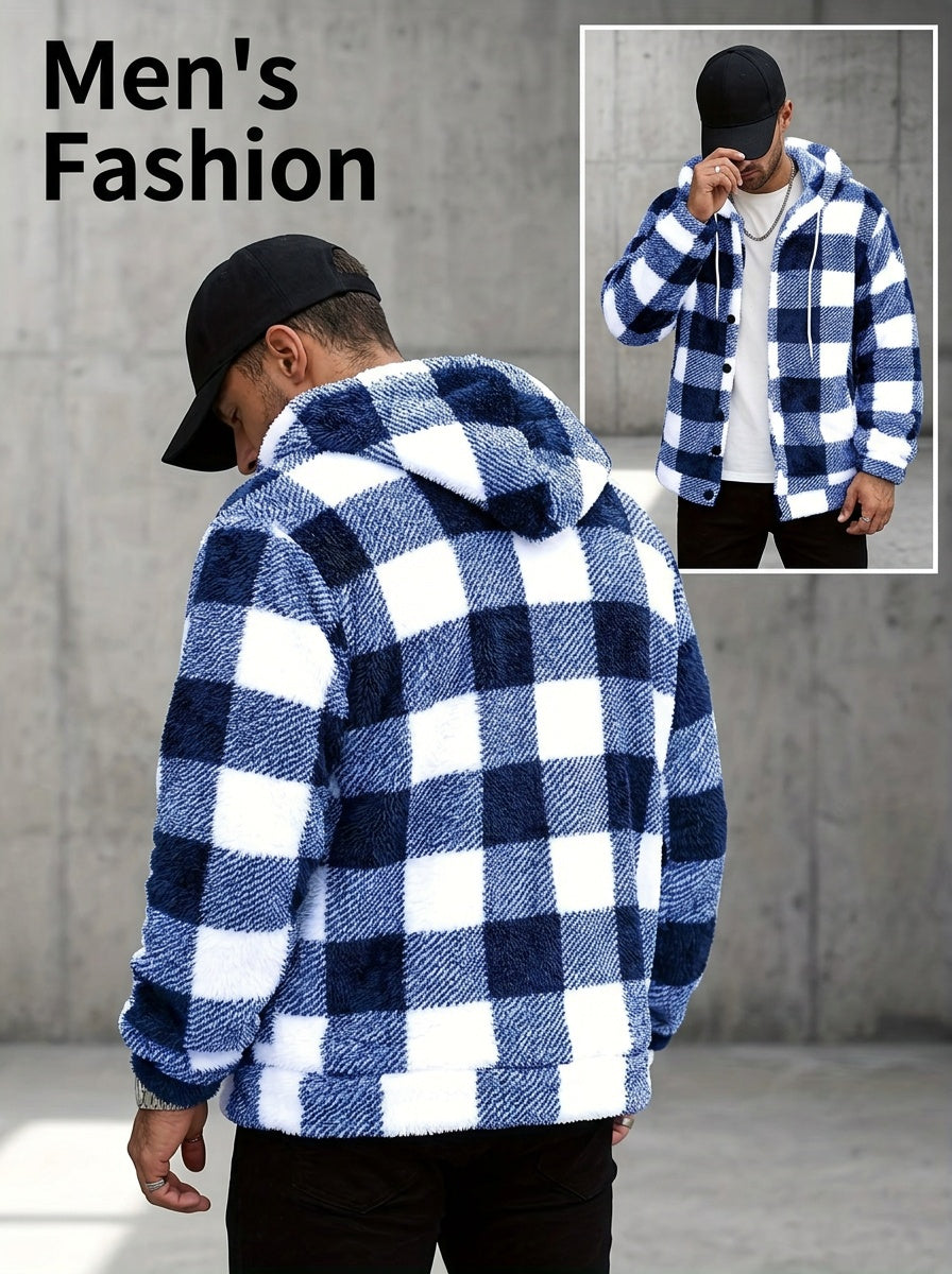 Men's Plaid Print Thermal Lined Hooded Long-Sleeve Casual Short Top, Autumn/Winter Flannel Short Top for Outings, a Gift for Friends, Husbands, or Boyfriends