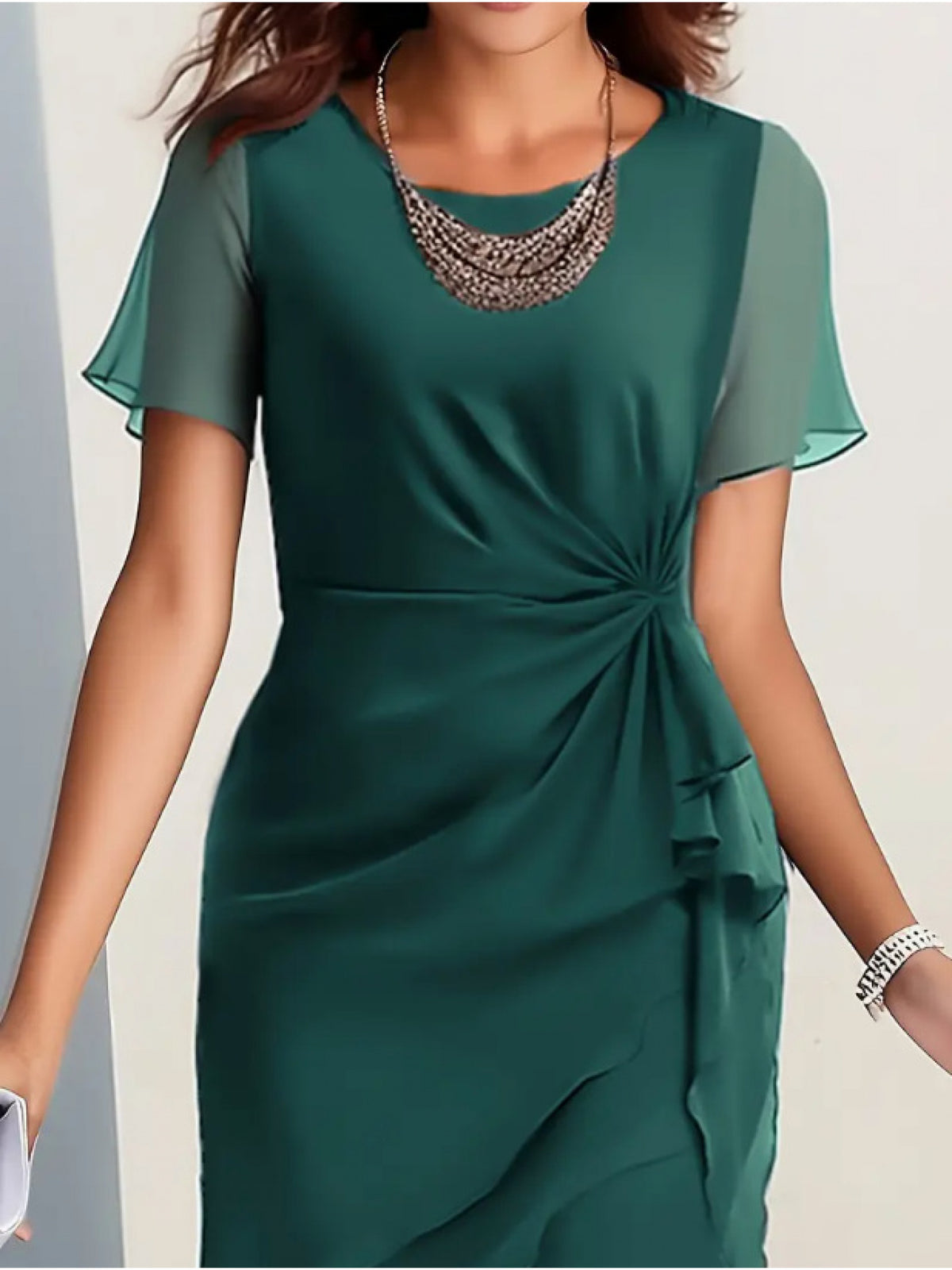 Summer Patchwork Chiffon Women'S Slim-Fit Dress - Round Neck, Short Sleeve, Mid-Length, Waist Twist Design, Asymmetrical Ruffle Hem, Elegant Party Outfit, Suitable for Wedding Guests Or Evening Events