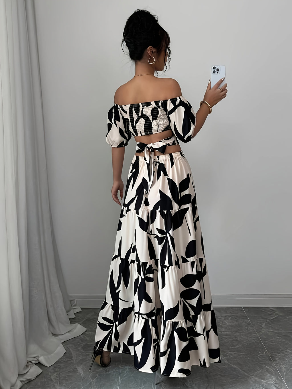 Women'S Off-Shoulder Floral Print Maxi Dress with Belt - Elegant Asymmetrical Hem, Sleeveless Vacation Dress in Black & White Floral Pattern, Lightweight Polyester for Summer Getaways, Cute Summer Dresses