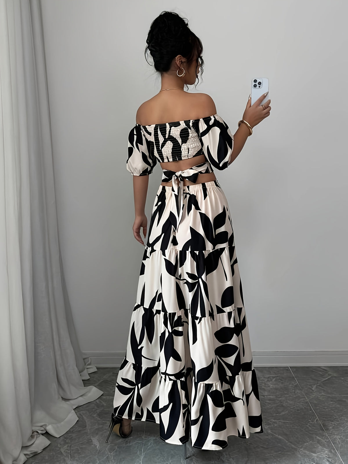 Women'S Off-Shoulder Floral Print Maxi Dress with Belt - Elegant Asymmetrical Hem, Sleeveless Vacation Dress in Black & White Floral Pattern, Lightweight Polyester for Summer Getaways, Cute Summer Dresses