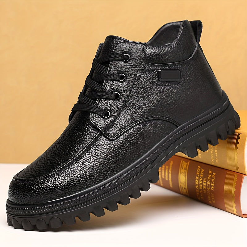 Men's Winter High-Top Shoes with Lining, Warm Genuine Leather Casual Boots, Large Size Soft Sole, Wear-, Slip-, High Quality Snow Boots