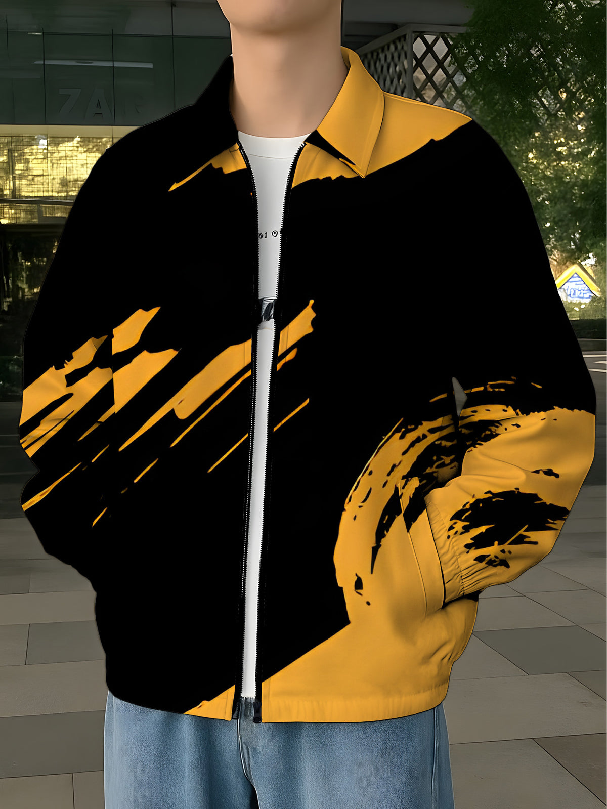 New Men's Lapel Jacket Outerwear, Trendy Brand Fashion Men's Outdoor Jacket, Loose and Comfortable Black and Yellow Color Scheme, Abstract Style, Digital Print, Regular Versatile Short Workwear Jacket for Men