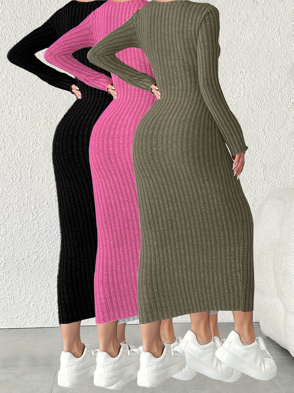 3pcs Solid Color Long Sleeve Ribbed Pullover Dress for Women