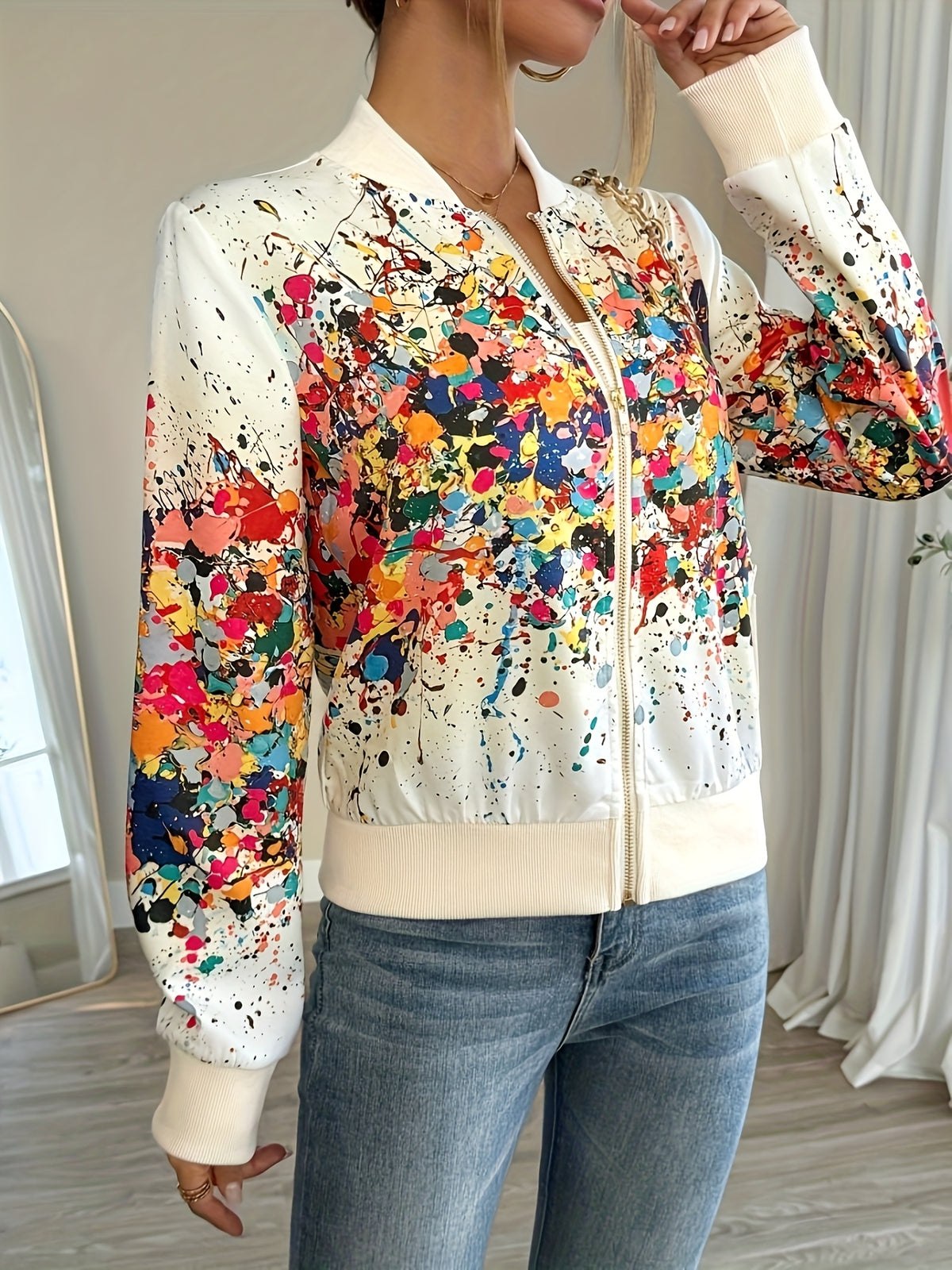 Women'S Lightweight Casual Jacket - Vibrant Tie-Dye Print, Stand Collar, Zip-Up, Long Sleeve, Perfect for Spring/Fall, Spring Jacket | Vibrant Print Jacket | Zippered Jacket
